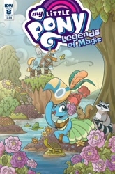 Size: 791x1200 | Tagged: safe, artist:brendahickey, idw, meadowbrook, rockhoof, bird, frog, rabbit, raccoon, squirrel, turtle, legends of magic, spoiler:comic, spoiler:comiclom8, animal, cover, flower, healer's mask, mask, pond, tree