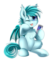 Size: 2855x3087 | Tagged: safe, artist:pridark, oc, oc only, bat pony, pony, bat pony oc, chest fluff, commission, energy drink, looking at you, male, one eye closed, red bull, simple background, smiling, solo, stallion, tongue out, transparent background