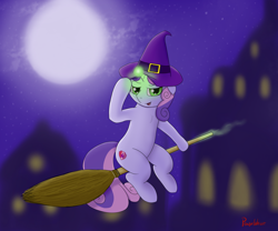 Size: 1800x1500 | Tagged: safe, artist:ponyxwright, sweetie belle, broom, flying, flying broomstick, full moon, glowing horn, halloween, hat, holiday, magic, moon, nightmare night, solo, witch hat