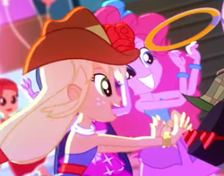 Size: 447x352 | Tagged: safe, screencap, applejack, pinkie pie, rose heart, twilight sparkle, a photo booth story, eqg summertime shorts, equestria girls, background human, cropped, fall formal outfits, gotcha, grin, happy, offscreen character, smiling