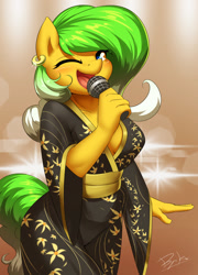 Size: 1500x2080 | Tagged: safe, artist:burgerkiss, oc, oc only, anthro, earth pony, abstract background, breasts, cleavage, clothes, ear piercing, earring, female, jewelry, kimono (clothing), looking at you, mare, microphone, one eye closed, piercing, singing, solo, wink