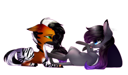 Size: 1024x600 | Tagged: safe, artist:hyshyy, oc, oc only, oc:raffles hoof, oc:raven, zonkey, clothes, on back, pregnant, prone, scarf, simple background, tongue out, transparent background