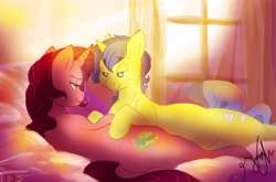 Size: 8640x5718 | Tagged: safe, artist:shellielle, oc, oc only, oc:caravel, oc:daydream, pony, unicorn, absurd resolution, bed, commission, female, lidded eyes, looking at each other, mare, oc x oc, ponysona, shipping, smiling