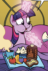 Size: 731x1078 | Tagged: safe, artist:brendahickey, idw, twilight sparkle, twilight sparkle (alicorn), alicorn, pony, spoiler:comic, spoiler:comicholiday2017, apple, aweeg*, banana, bread, breakfast, breakfast in bed, butter, chubby cheeks, cropped, eating, female, food, fruit, herbivore, levitation, magic, mare, open mouth, pancakes, puffy cheeks, telekinesis, toast, twiggy piggy
