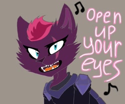 Size: 2737x2289 | Tagged: safe, artist:sonadbroken, tempest shadow, abyssinian, cat, my little pony: the movie, abyssinianized, armor, brown background, catified, eye scar, fangs, female, gray background, open mouth, open up your eyes, scar, scar on the wrong side, simple background, solo, species swap