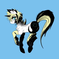 Size: 1280x1280 | Tagged: safe, artist:mirapony, oc, oc only, oc:wasp (mirapony), unicorn, black hair, blonde hair, blue background, blue eyes, cutie mark, female, latex, looking at you, simple background, solo