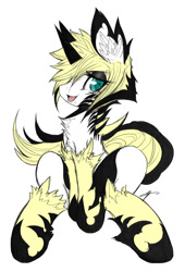 Size: 868x1280 | Tagged: safe, artist:mirapony, oc, oc only, oc:wasp (mirapony), unicorn, black hair, blonde, blonde hair, blue eyes, looking at you, sitting, solo