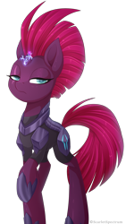 Size: 2470x4374 | Tagged: safe, artist:scarlet-spectrum, tempest shadow, unicorn, my little pony: the movie, armor, broken horn, eye scar, female, horn, mare, raised hoof, scar, simple background, solo, sparking horn, transparent background