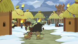 Size: 1280x720 | Tagged: safe, screencap, yak, not asking for trouble, cloven hooves, female, hut, male, snow, yakyakistan