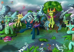 Size: 1280x905 | Tagged: safe, artist:calena, pharynx, thorax, butterfly, changedling, changeling, squirrel, to change a changeling, angry, changedling brothers, cloud, implied chrysalis, king thorax, mountain, mushroom, patreon, patreon logo, patreon preview, plant, pointing, prince pharynx, roots, shadow, sitting, sky, surprised, throne, tree