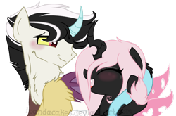 Size: 1024x674 | Tagged: safe, artist:ipandacakes, oc, oc only, oc:chaotic, oc:pomf puff, changepony, draconequus, hybrid, interspecies offspring, magical lesbian spawn, offspring, parent:discord, parent:oc:fluffle puff, parent:princess celestia, parent:queen chrysalis, parents:canon x oc, parents:chrysipuff, parents:dislestia, simple background, transparent background