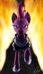 Size: 1273x2200 | Tagged: safe, artist:qbellas, tempest shadow, my little pony: the movie, female, fire, mare, solo