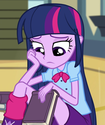 Size: 750x890 | Tagged: safe, screencap, twilight sparkle, twilight sparkle (alicorn), alicorn, equestria girls, rainbow rocks, shake your tail, book, cropped, sad, solo