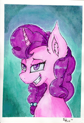 Size: 1693x2473 | Tagged: safe, artist:ruby dusk, sugar belle, pony, unicorn, bust, female, mare, portrait, simple background, solo, traditional art, watercolor painting