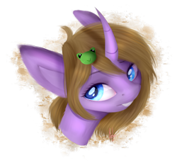 Size: 2173x1997 | Tagged: safe, artist:beshely, oc, oc only, oc:dungeon toaster, frog, pony, unicorn, bust, curved horn, portrait, simple background, solo, transparent background