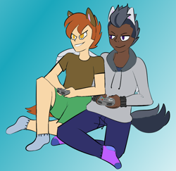 Size: 978x950 | Tagged: safe, artist:icey-wicey-1517, artist:pandaamanda11, button mash, rumble, human, collaboration, clothes, controller, dark skin, eared humanization, gay, gradient background, hoodie, hug, humanized, male, older, rumblemash, shipping, shirt, shorts, socks, t-shirt, tailed humanization, winged humanization, winghug, wings