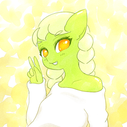 Size: 1791x1791 | Tagged: safe, artist:sigpi, granny smith, anthro, earth pony, clothes, female, looking at you, mare, peace sign, smiling, solo, young granny smith, younger