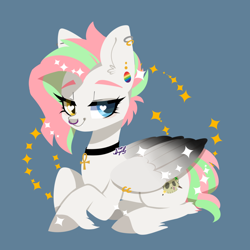 Size: 1024x1024 | Tagged: safe, artist:snow angel, oc, oc only, oc:crescendo, pegasus, pony, ankh, art trade, choker, colored wings, colored wingtips, ear piercing, female, heart eyes, heterochromia, mare, nose piercing, nose ring, piercing, simple background, smiling, solo, unshorn fetlocks, wingding eyes