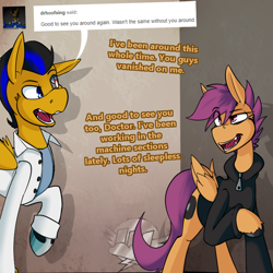 Size: 750x750 | Tagged: safe, artist:conmanwolf, scootaloo, pony, fanfic:rainbow factory, ask factory scootaloo, clothes, comic, dr. hoofsing, factory scootaloo, fangs, hoodie, lab coat, shadow, zipper