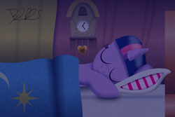 Size: 3507x2346 | Tagged: safe, artist:trackheadtherobopony, twilight sparkle, pony, unicorn, bed, clock, cute, female, golden oaks library, mare, sleeping, solo, twiabetes