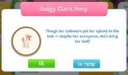 Size: 1865x1096 | Tagged: safe, screencap, raspberry vinaigrette, discordant harmony, gameloft, judgy clerk pony, rhyme, solo