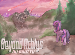 Size: 841x617 | Tagged: safe, artist:lavilovi, twilight sparkle, twilight sparkle (alicorn), alicorn, commission, crash landing, fanfic, fanfic art, fanfic cover, forest, lake, mountain, science fiction, solo, spaceship