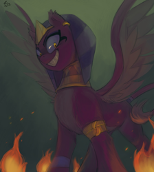 Size: 846x946 | Tagged: safe, artist:ehfa, sphinx (character), sphinx, evil grin, female, fire, grin, looking at you, smiling, solo, spread wings, wings