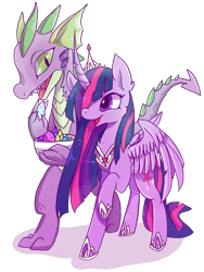 Size: 2100x2800 | Tagged: safe, artist:nutty-stardragon, spike, twilight sparkle, twilight sparkle (alicorn), alicorn, dragon, pony, curved horn, female, gem, hoof shoes, mare, older, older spike, raised hoof, simple background, smiling, transformation, transparent background