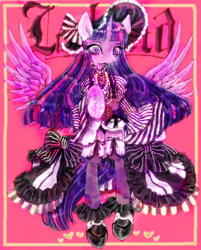 Size: 590x733 | Tagged: safe, artist:onofuji, twilight sparkle, twilight sparkle (alicorn), alicorn, anthro, bonnet, clothes, dress, gloves, lolita fashion, long mane, looking at you, pixiv, solo, spread wings, wings