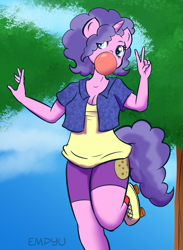 Size: 733x1000 | Tagged: safe, artist:empyu, cookie crumbles, anthro, plantigrade anthro, unicorn, 30 minute art challenge, breasts, bubblegum, busty cookie crumbles, clothes, female, food, gum, mare, missing horn, peace sign, solo, younger