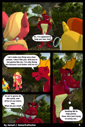 Size: 1400x2100 | Tagged: safe, artist:jamarilafouine, big macintosh, garble, sunburst, dragon, comic:draconic potion, 3d, comic, dialogue, english, membranous wings, multicolored hair, wings