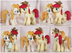 Size: 2076x1524 | Tagged: safe, artist:buttercupbabyppg, bright mac, pear butter, earth pony, pony, beanie (plushie), brightbutter, clothes, cowboy hat, duo, female, flower, flower in hair, hat, irl, male, photo, plushie, scarf, shared clothing, shared scarf, shipping, stetson, straight