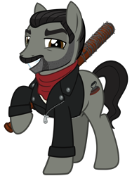 Size: 2400x3200 | Tagged: safe, artist:cheezedoodle96, earth pony, pony, .svg available, baseball bat, clothes, crossover, jacket, leather jacket, lidded eyes, looking at you, lucille, male, neckerchief, negan, ponified, simple background, smiling, smug, solo, stallion, svg, the walking dead, transparent background, vector