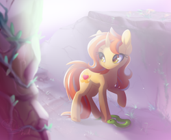 Size: 2500x2052 | Tagged: safe, artist:vallionshad, oc, oc only, oc:cinderheart, pony, snake, unicorn, bright, crepuscular rays, curious, curved horn, female, golden eyes, lighting, mare, pet, ruins, solo, vine