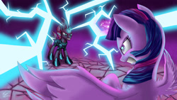 Size: 2400x1350 | Tagged: safe, artist:nightpaint12, tempest shadow, twilight sparkle, twilight sparkle (alicorn), alicorn, pony, unicorn, my little pony: the movie, armor, broken horn, female, fight, glowing horn, gritted teeth, hoof shoes, horn, lightning, magic, mare, sparking horn