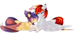 Size: 2869x1277 | Tagged: safe, artist:mauuwde, oc, oc only, oc:cookie, oc:heartfire, bat pony, pegasus, pony, commission, cookiefire, eyes closed, female, glasses, heart, male, mare, nuzzling, prone, simple background, smiling, stallion, straight, transparent background