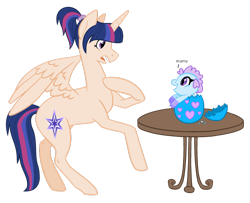 Size: 1024x830 | Tagged: safe, artist:cindydreamlight, oc, oc only, oc:star sparkle, alicorn, dragon, baby dragon, dragon egg, female, mare, offspring, parent:flash sentry, parent:twilight sparkle, parents:flashlight, simple background, table, transparent background