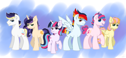 Size: 4300x2000 | Tagged: dead source, safe, artist:sweetpieee, oc, oc only, oc:alexander, oc:annie breeze, oc:lucia, oc:sky blaze, oc:smoothie pop, oc:starlight sparkle, earth pony, pegasus, pony, unicorn, female, high res, magical lesbian spawn, male, mare, offspring, parent:applejack, parent:big macintosh, parent:fluttershy, parent:party favor, parent:pinkie pie, parent:rainbow dash, parent:rarity, parent:twilight sparkle, parents:fluttermac, parents:partypie, parents:rarijack, parents:twidash, stallion