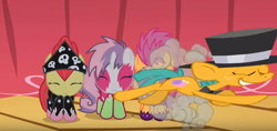 Size: 972x457 | Tagged: safe, screencap, apple bloom, scootaloo, snails, sweetie belle, pony, the show stoppers, bandana, clothes, eyes closed, face paint, great moments in animation, show stopper outfits, smear frame