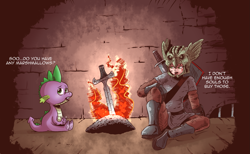 Size: 1745x1078 | Tagged: safe, artist:saturdaymorningproj, spike, dragon, bonfire, crossover, dark souls, dialogue, fire, sitting, video game