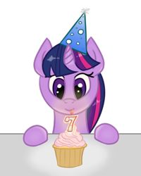 Size: 516x646 | Tagged: safe, artist:rhythmpixel, derpibooru exclusive, twilight sparkle, birthday candles, candle, cupcake, food, happy birthday mlp:fim, hat, mlp fim's seventh anniversary, party hat, simple background, solo, transparent background