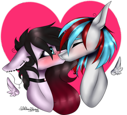 Size: 1097x991 | Tagged: safe, artist:ohflaming-rainbow, oc, oc only, oc:weepy, oc:yukki, pegasus, pony, blushing, female, floating wings, heart, kissing, male, straight