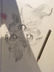 Size: 1024x1365 | Tagged: safe, artist:101xsplattyx101, meadowbrook, mistmane, somnambula, pony, bust, one eye closed, pencil, portrait, traditional art, wink