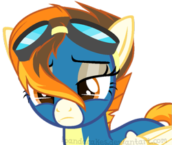 Size: 629x529 | Tagged: safe, artist:ipandacakes, oc, oc only, oc:fire starter, pegasus, pony, base used, clothes, female, goggles, hair over one eye, mare, next generation, offspring, parent:spitfire, simple background, solo, story in the source, transparent background, uniform, wonderbolts uniform