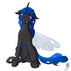 Size: 1600x1600 | Tagged: safe, artist:steelwing-studio, oc, oc only, changeling, blue changeling, changeling oc, floppy ears, simple background, sitting, solo, transparent background, unnamed oc