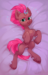 Size: 2062x3235 | Tagged: safe, artist:lispp, tempest shadow, pony, unicorn, my little pony: the movie, bed, broken horn, chest fluff, cute, eye scar, female, fluffy, horn, looking at you, mare, on back, scar, solo, sparking horn, tempestbetes, unshorn fetlocks