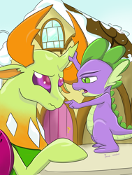 Size: 2800x3703 | Tagged: safe, artist:firimil, spike, thorax, changedling, changeling, dragon, triple threat, fanfic, fanfic art, king thorax, pointing, sugarcube corner