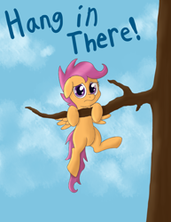 Size: 2975x3850 | Tagged: safe, artist:zaponator, scootaloo, hang in there, hanging, solo, tree, tree branch