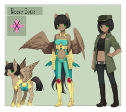 Size: 1700x1500 | Tagged: safe, artist:pak_lin_min, oc, oc only, oc:pepper spice, anthro, human, pegasus, plantigrade anthro, anthro oc, armor, clothes, cutie mark, freckles, hand on hip, humanized, humanized oc, military uniform, reference sheet, royal guard, simple background