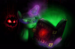 Size: 5420x3600 | Tagged: safe, artist:theravencriss, twilight sparkle, demon, pony, absurd resolution, book, dark magic, female, hebrew, magic, mare, red eyes, requested art, serious, serious face, signature